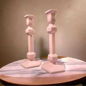 Vintage Pink Ceramic Candlesticks Set of 2 | Art Deco Style Hex Base